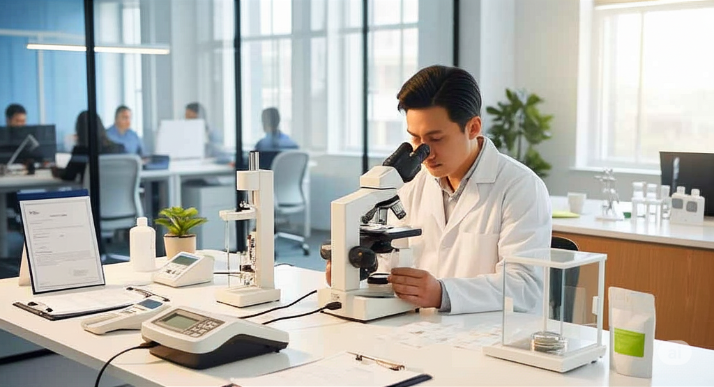 專業實驗室研究員使用顯微鏡進行科學研究 - 象徵口含菸產品的科學研發與品質檢測